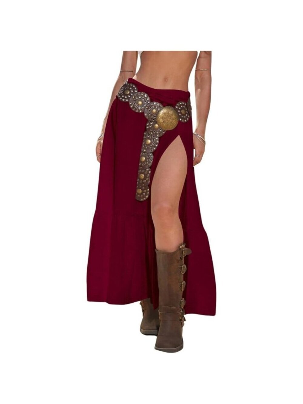 Women's Burgundy Western Low Rise Maxi Ruffle High Slit Cowgirl Skirts